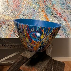 Yarn Bowl. Hand-Painted Abstract Blue Art Bowl